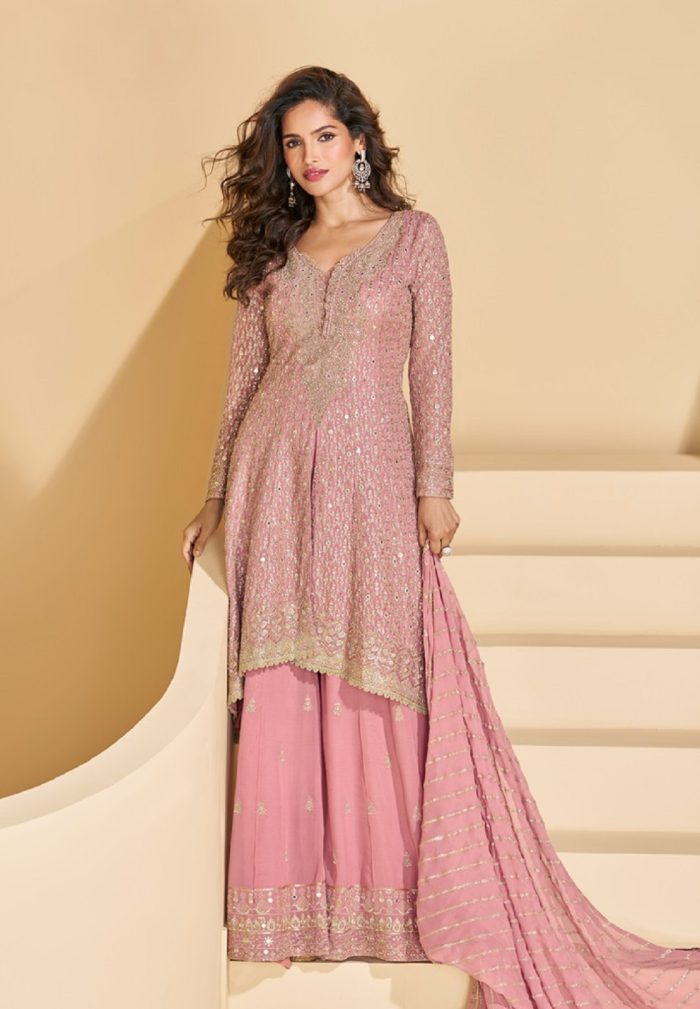 Rose Pink Georgette Embroidered Palazzo - Image 3