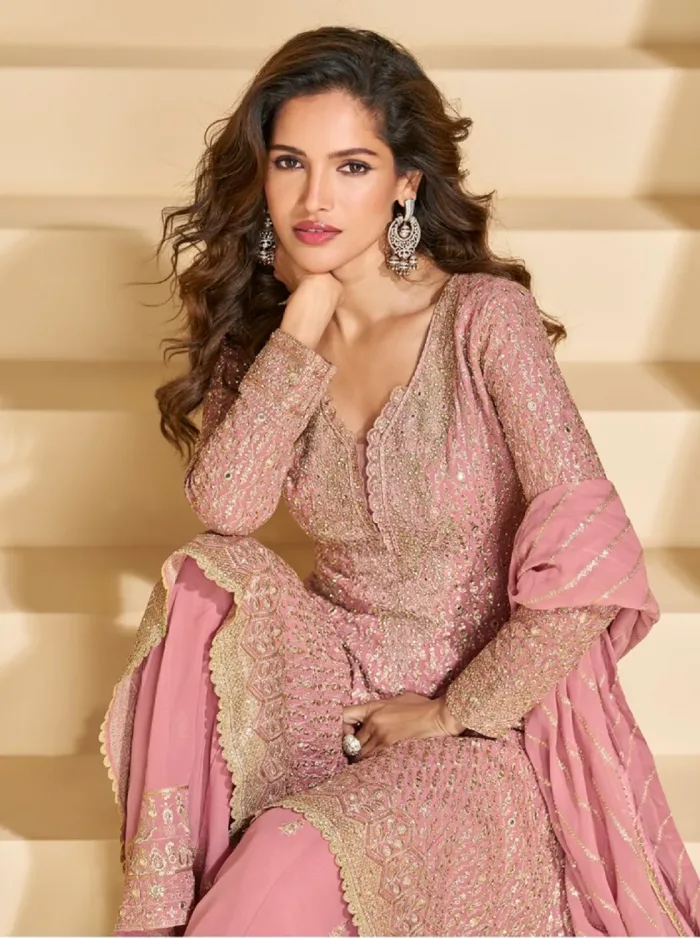 Rose Pink Georgette Embroidered Palazzo