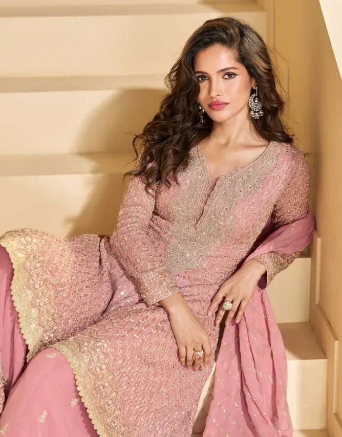 Rose Pink Georgette Embroidered Palazzo - Image 2