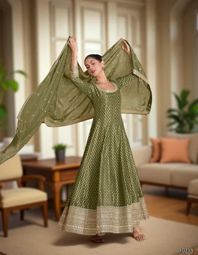 Olive green Anarkali suit, Anarkali dress for women, Indian ethnic wear online, wedding ethnic suits, festive wear suits, designer Anarkali with dupatta