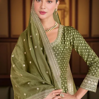 Graceful Olive Green Anarkali Suit with Dupatta - Voguevive