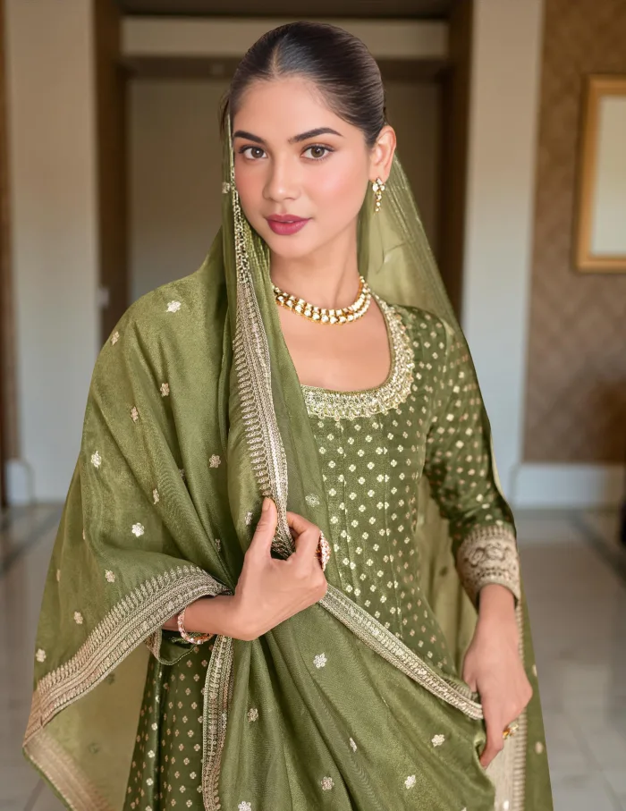 Olive green Anarkali suit, Anarkali dress for women, Indian ethnic wear online, wedding ethnic suits, festive wear suits, designer Anarkali with dupatta