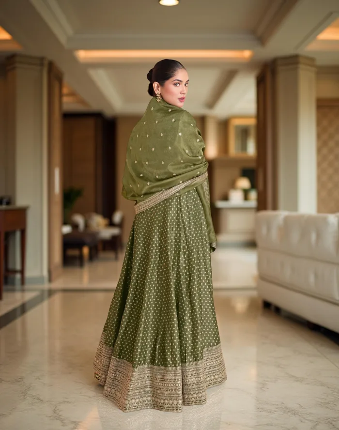 Olive green Anarkali suit, Anarkali dress for women, Indian ethnic wear online, wedding ethnic suits, festive wear suits, designer Anarkali with dupatta