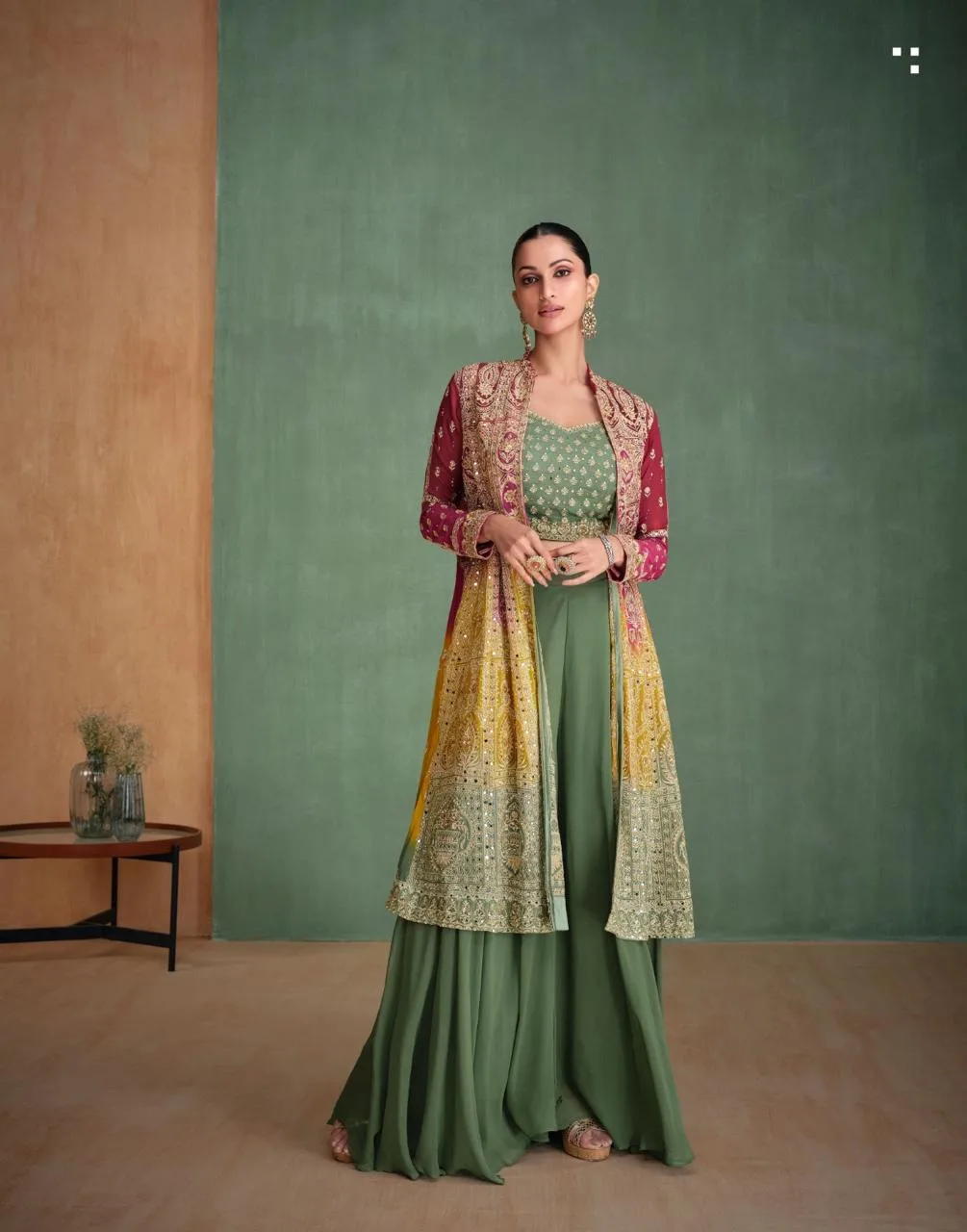 PREMIUM REAL GEROGETTE ( FULL HEAVY LOOK EMBROIDERED WORK FRONT AND BACK WITH ALL OVER HAND EMBELLISHED MIRROR WORK )