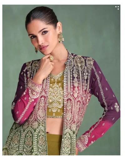olive-ensemble-green-sharara-set PREMIUM REAL GEROGETTE ( FULL HEAVY LOOK EMBROIDERED WORK FRONT AND BACK WITH ALL OVER HAND EMBELLISHED MIRROR WORK )