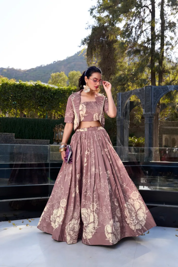 Elegant Tussar Silk floral print wedding lehenga set with blouse and koti Stitched Tussar Silk lehenga with can-can and tassels, perfect for weddings Floral print Tussar Silk blouse and koti for traditional bridal outfits Heavy flare Tussar Silk lehenga in blooming charm design for festive occasions