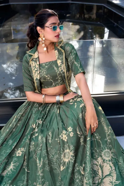 Elegant Tussar Silk floral print wedding lehenga set with blouse and koti