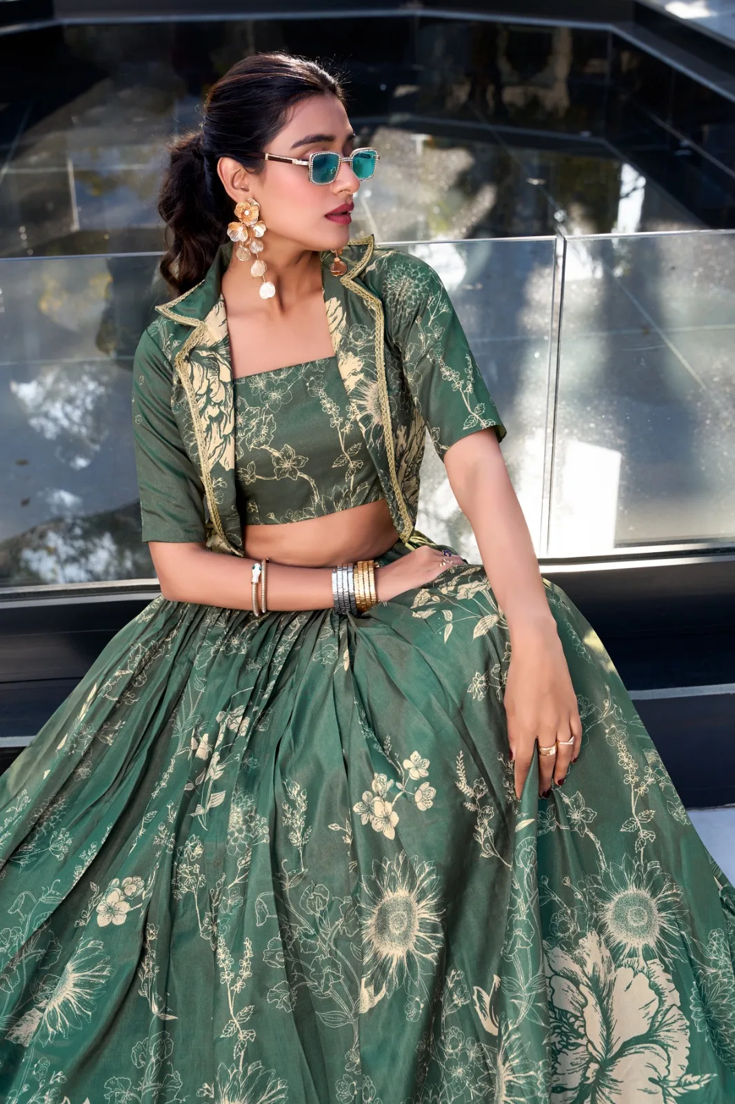 Elegant Tussar Silk floral print wedding lehenga set with blouse and koti