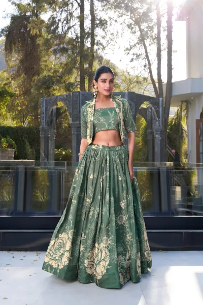 Elegant Tussar Silk floral print wedding lehenga set with blouse and koti