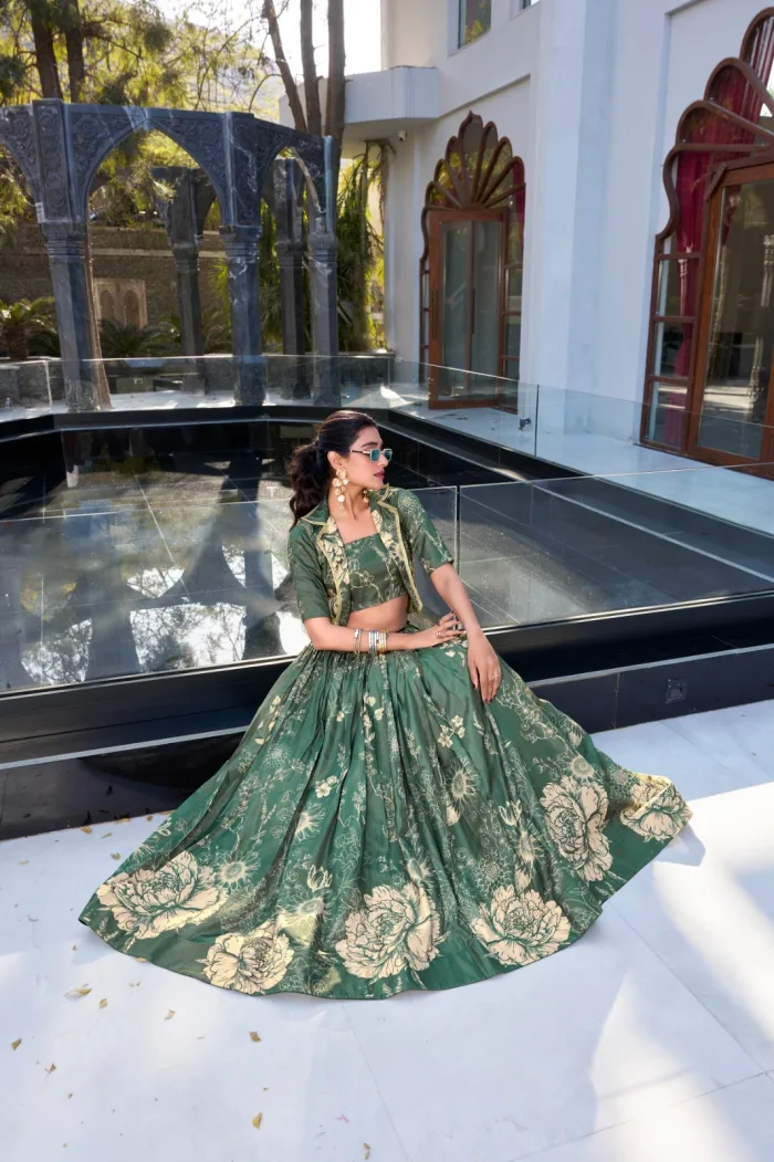 Elegant Tussar Silk floral print wedding lehenga set with blouse and koti,