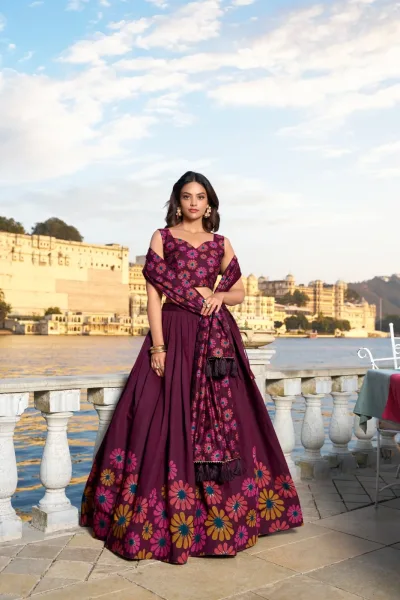 Blossom Boldly: Radiate Charm in Floral Printed Lehenga. floral printed lehenga, party wear lehenga for women, designer lehenga choli, wedding wear lehenga, festive printed lehenga, trendy lehenga online.