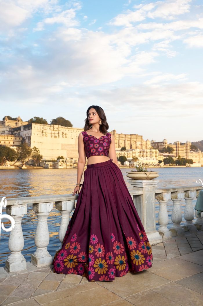 Blossom Boldly: Radiate Charm in Floral Printed Lehenga. floral printed lehenga, party wear lehenga for women, designer lehenga choli, wedding wear lehenga, festive printed lehenga, trendy lehenga online.