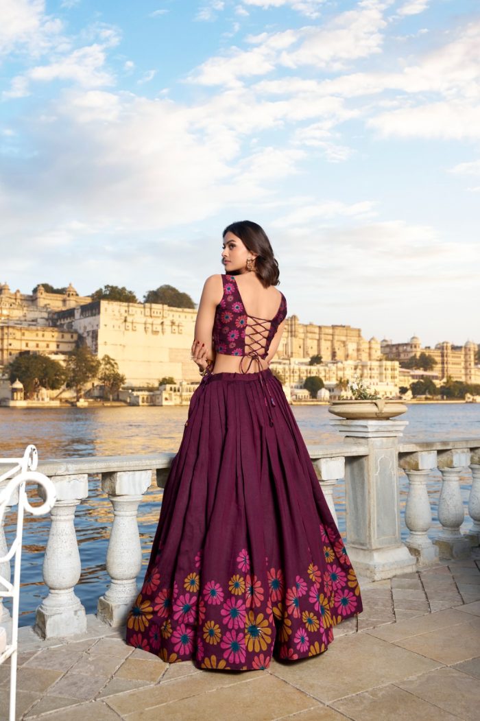 Blossom Boldly: Radiate Charm in Floral Printed Lehenga. floral printed lehenga, party wear lehenga for women, designer lehenga choli, wedding wear lehenga, festive printed lehenga, trendy lehenga online.