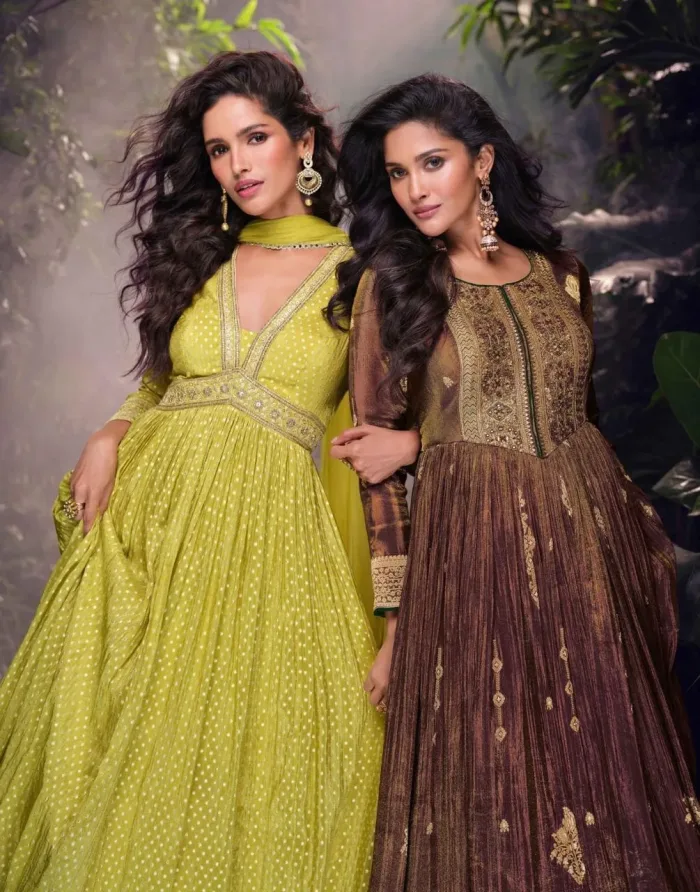 designer viscos gown, embroidered gown, jacquard silk gown, ethnic party wear gown, wedding gown for women, festive wear gown with dupatta. Designer Viscos Gown – Pure Elegance in Jacquard Silk