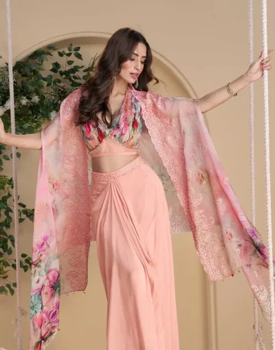 Embroidered Shrug with Hand-Embellished Blouse & Palazzo