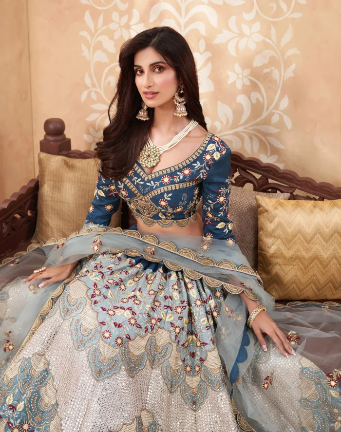 Luxury Heavy Silk Lehenga with Embroidered Blouse & Net Dupatta. heavy silk lehenga, designer Alizeh lehenga, wedding lehenga for women, embroidered silk lehenga choli, net dupatta lehenga, bridal wear lehenga online.
