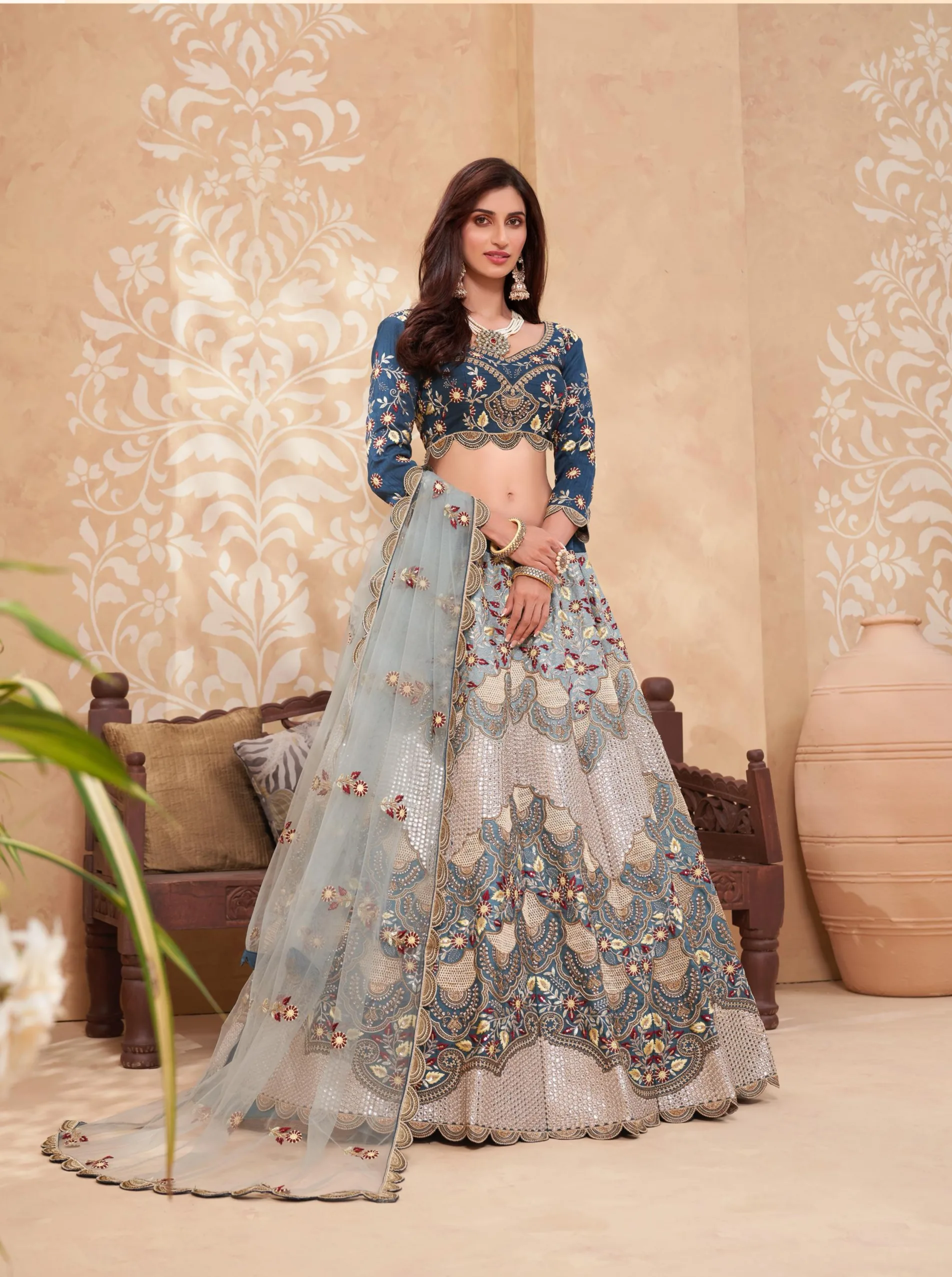 Luxury Heavy Silk Lehenga with Embroidered Blouse & Net Dupatta. heavy silk lehenga, designer Alizeh lehenga, wedding lehenga for women, embroidered silk lehenga choli, net dupatta lehenga, bridal wear lehenga online.