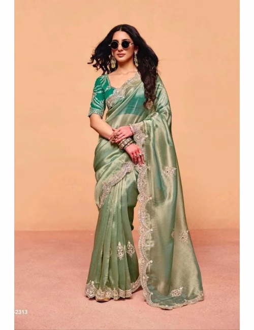 Model wearing a shimmering mint green pure fancy tissue designer saree with scalloped embroidered borders and a contrast dark green handwork blouse.