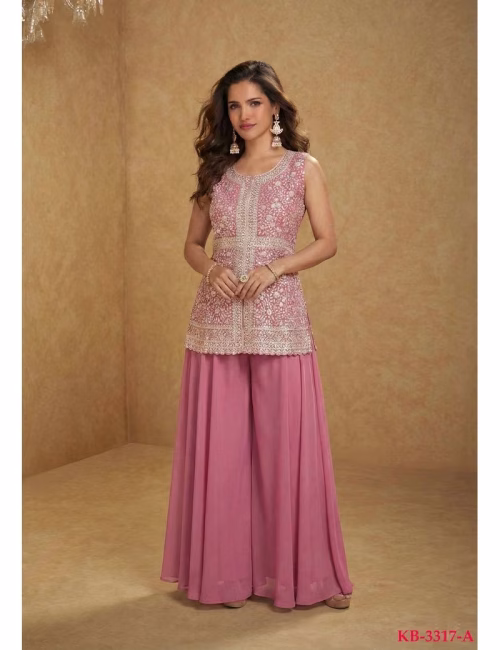 Pink Heavy Georgette Sequence Lakhnavi Embroidery Work Sharara Suit