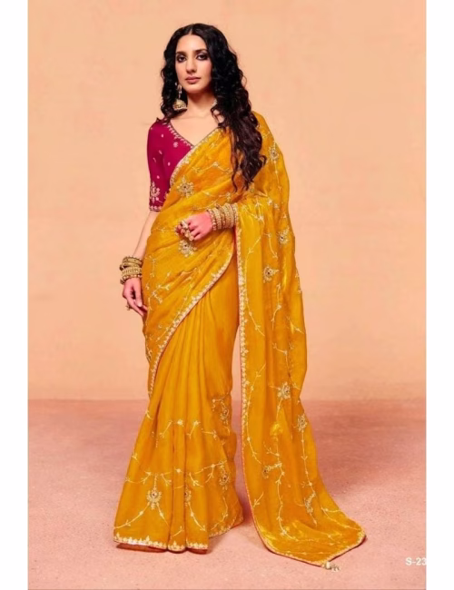 issue-Designer-Saree-with-Contrast-Handwork-Blouse-Mustard-Yellow