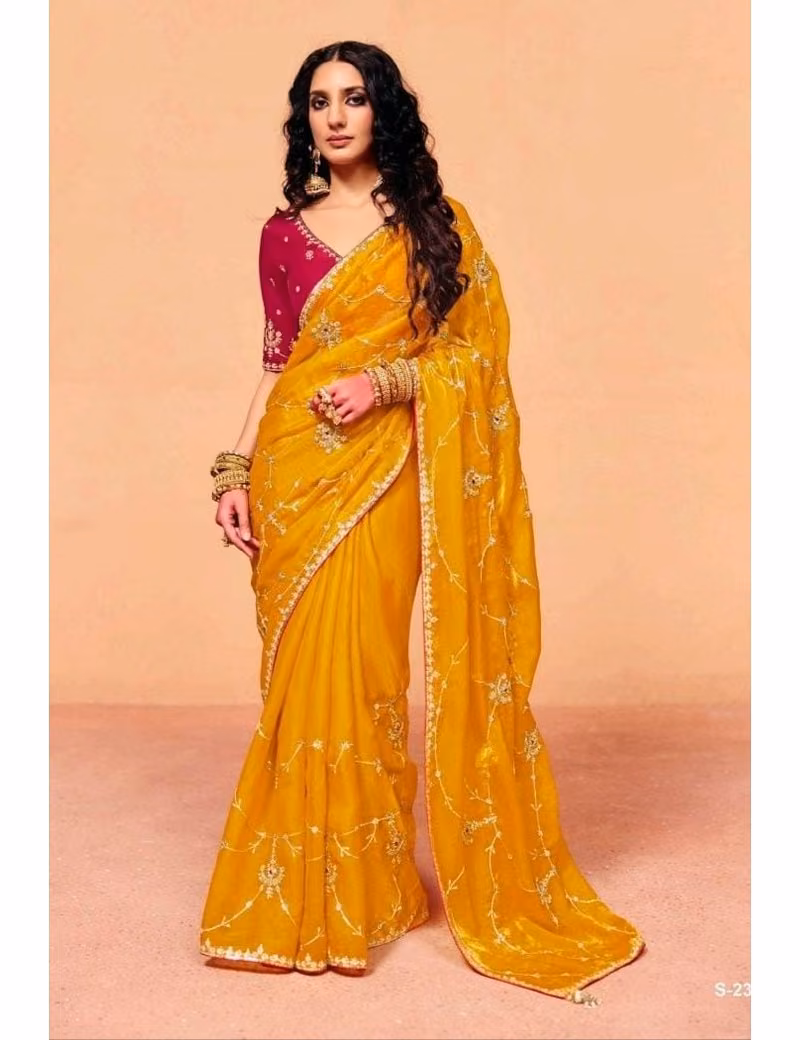 issue-Designer-Saree-with-Contrast-Handwork-Blouse-Mustard-Yellow