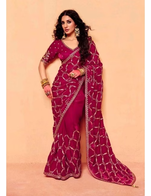 Tissue-Designer-Saree-with-Heavy-Handwork-Blouse-Wine-Magenta
