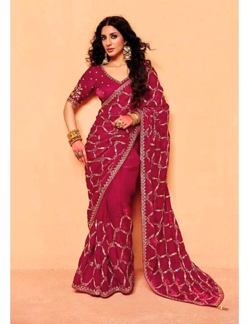 Tissue-Designer-Saree-with-Heavy-Handwork-Blouse-Wine-Magenta