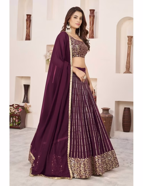  Wine lehenga with vertical golden sequins work