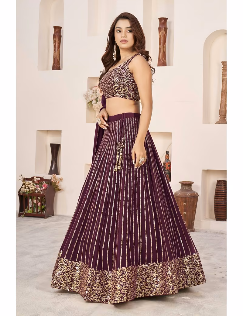 Wine lehenga with vertical golden sequins work - Image 3