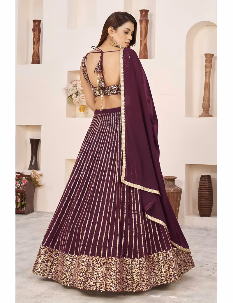 Wine lehenga with vertical golden sequins work - Image 4
