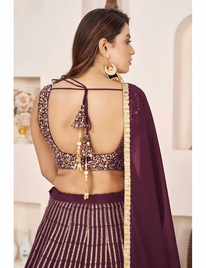 Wine lehenga with vertical golden sequins work - Image 5