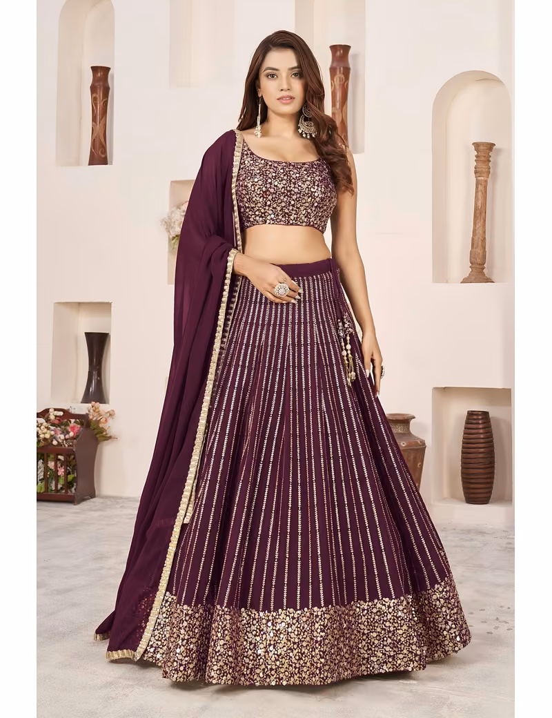 Wine lehenga with vertical golden sequins work - Image 2