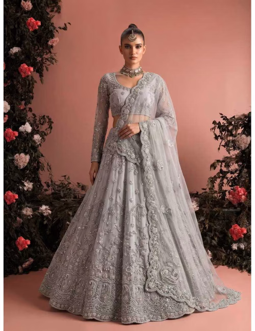 Silver grey unstitched embroidered lehenga choli for women by Voguevive.