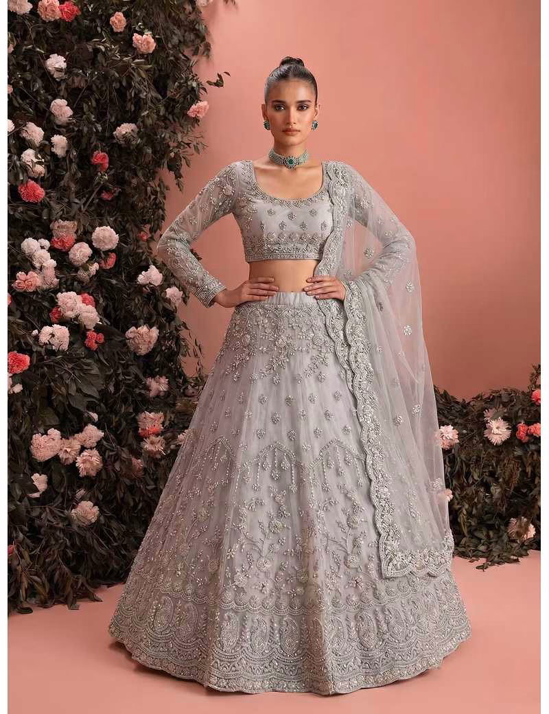 Silver grey unstitched embroidered lehenga choli for women by Voguevive.