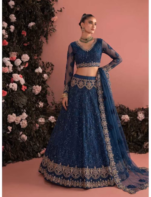 Navy blue unstitched butterfly net lehenga choli with Banglori silk inner.