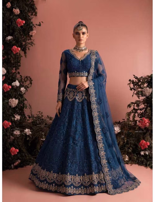 Navy blue unstitched butterfly net lehenga choli with Banglori silk inner.